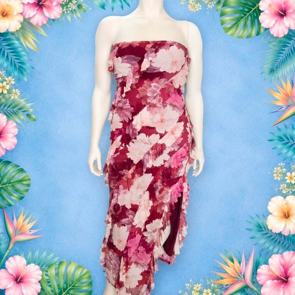 0066-Paris Hilton Red Floral Strapless Ruffle Maxi Dress Size XL